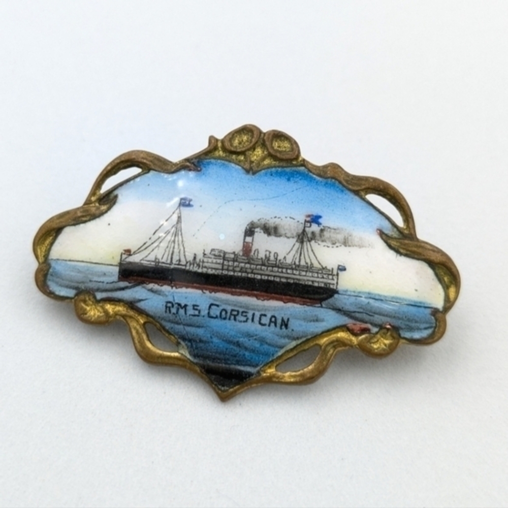 Antique / vintage R.M.S Corsican hand painted enamel souvenir brooch pin